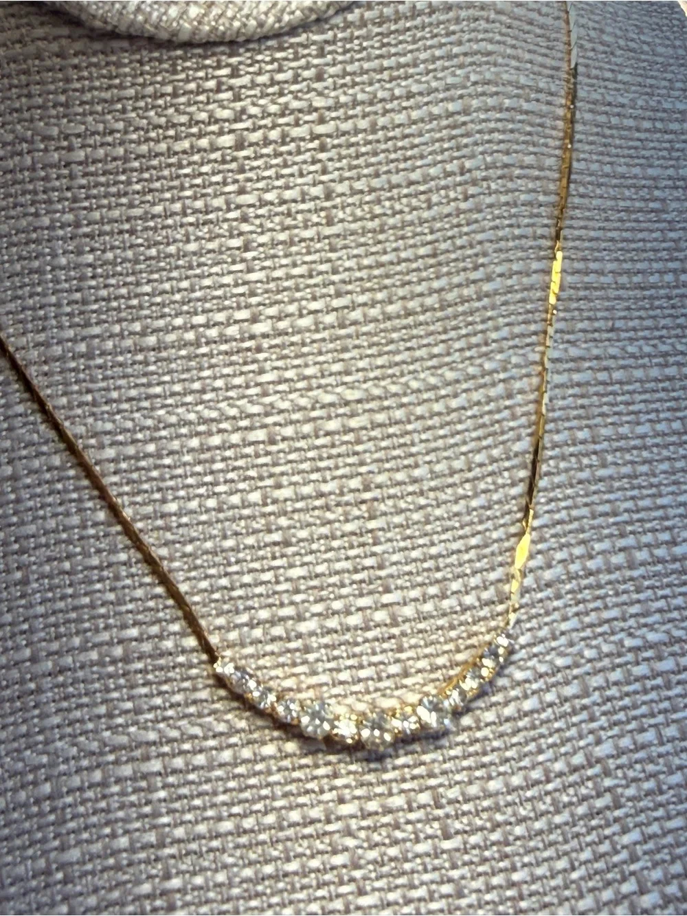 Gold Crystal Necklace curved bar- gold sparkling graduated‎ stones 16.5” CZ’s CZ